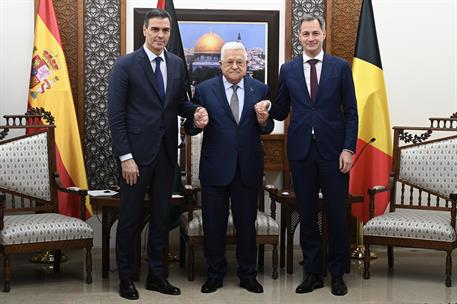 El presidente del Gobierno, Pedro Sánchez, el presidente de la Autoridad Nacional Palestina, Mahmud Abás, y el primer ministro d