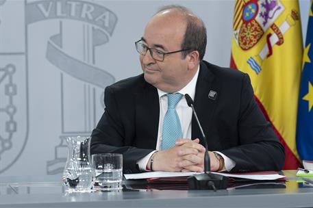 13/06/2023. Rueda de prensa tras el Consejo de Ministros: Albares, Rodríguez e Iceta. El ministro de Cultura y Deporte, Miquel Iceta, en la ...