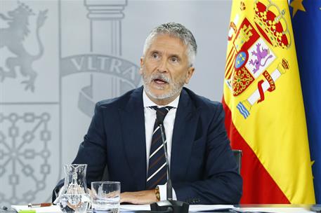 1/10/2024. Rueda de prensa tras el Consejo de Ministros: Pilar Alegría, José Manuel Albares y Fernando Grande-Marlaska. El ministro del Inte...