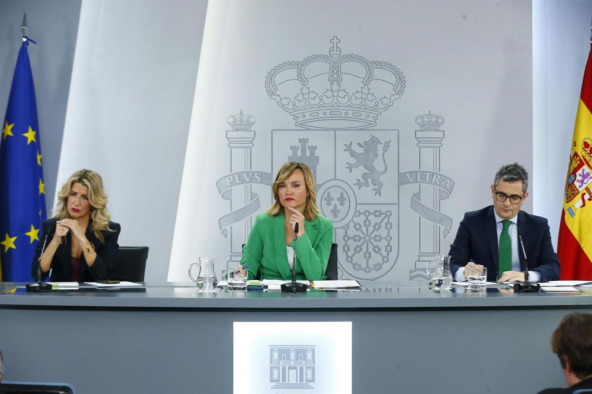 17/12/2024. Rueda de prensa tras el Consejo de Ministros: Yolanda Díaz , Pilar Alegría y Félix Bolaños. La ministra de Trabajo y Economía So...