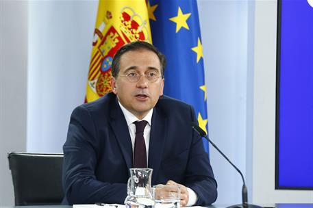 21/05/2024. Consejo de Ministros. El ministro de Asuntos Exteriores, UE y Cooperación, José Manuel Albares, durante la rueda de prensa poste...