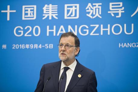 5/09/2016. Rajoy asiste a la Cumbre del G-20 en Hangzhou (China). El presidente del Gobierno en funciones, Mariano Rajoy, atiende a los medi...