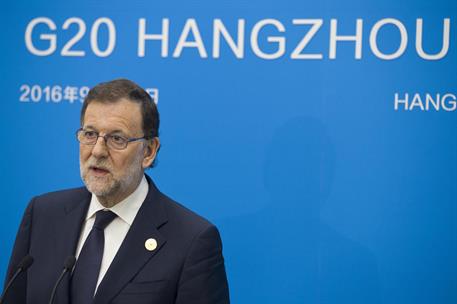 5/09/2016. Rajoy asiste a la Cumbre del G-20 en Hangzhou (China). El presidente del Gobierno en funciones, Mariano Rajoy, atiende a los medi...