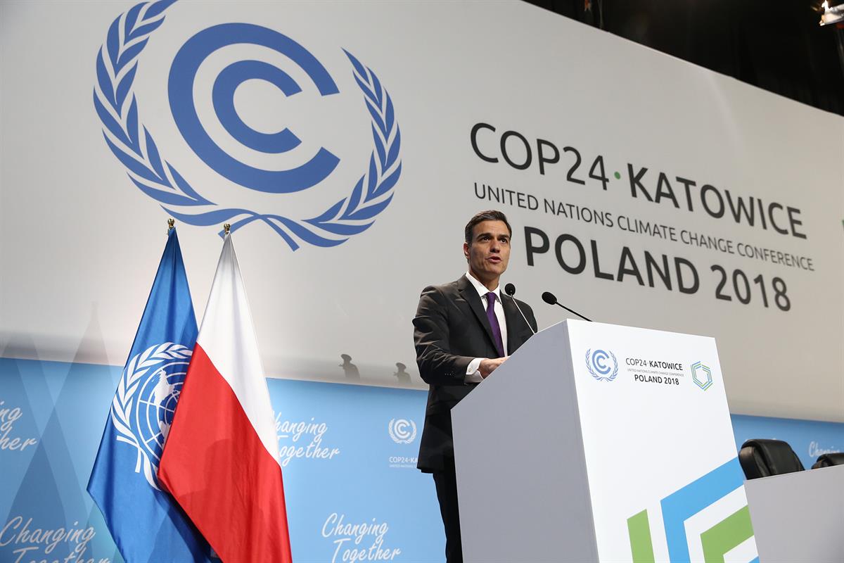 3/12/2018. Pedro Sánchez participa en la Cumbre del Clima COP24. El presidente del Gobierno, Pedro Sánchez, durante su intervención en la Cu...