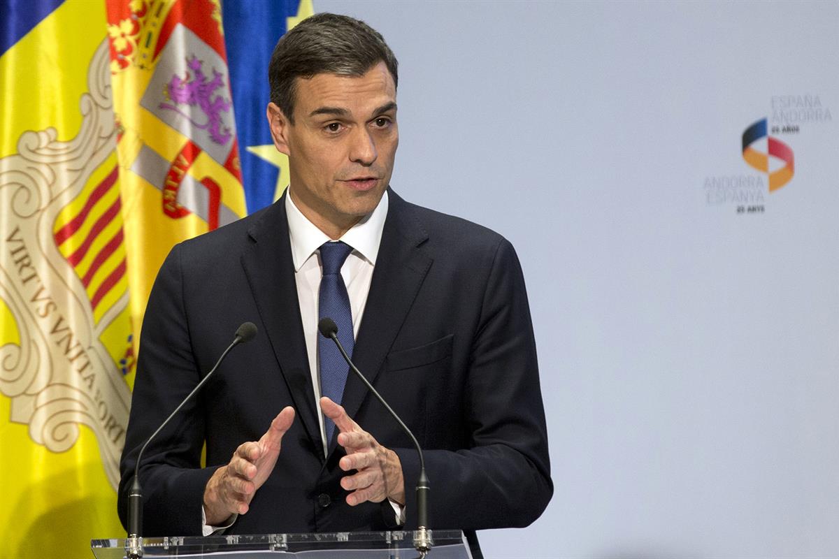 4/06/2018. 25 aniversario de las relaciones diplomáticas entre España y Andorra. El presidente del Gobierno, Pedro Sánchez, durante su inter...