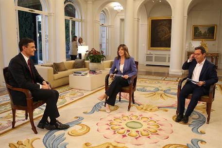 18/06/2018. Entrevista al presidente del Gobierno. El presidente del Gobierno, Pedro Sánchez, junto a los periodistas Ana Blanco y Sergio Ma...