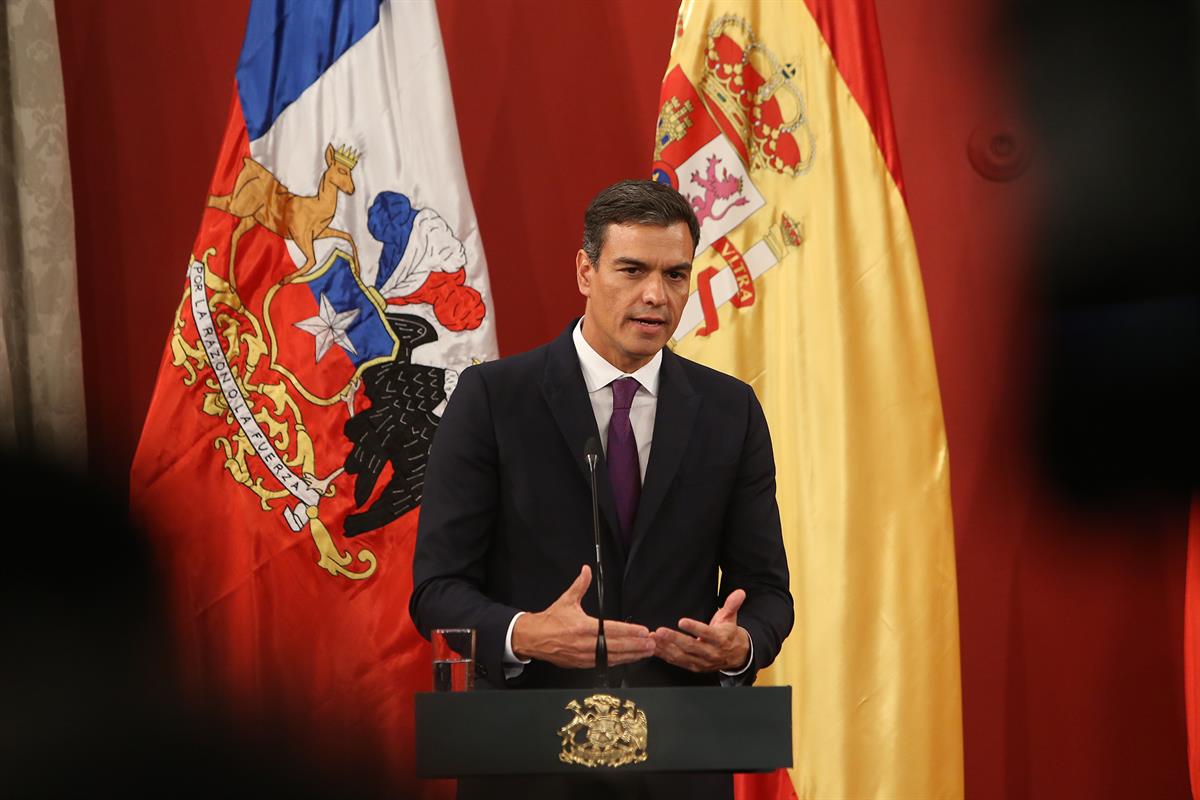 28/08/2018. Viaje del presidente Sánchez a Latinoamérica. Primera jornada. El presidente del Gobierno, Pedro Sánchez, durante la rueda de pr...