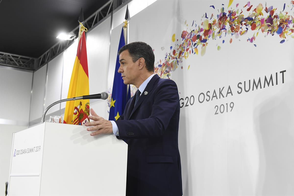 29/06/2019. Pedro Sánchez asiste a la Cumbre del G-20. El presidente del Gobierno en funciones, Pedro Sánchez, durante su intervención al fi...