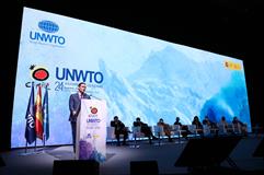 El presidente del Gobierno, Pedro Sánchez, durante su intervención en la Asamblea General de la Organización Mundial del Turismo