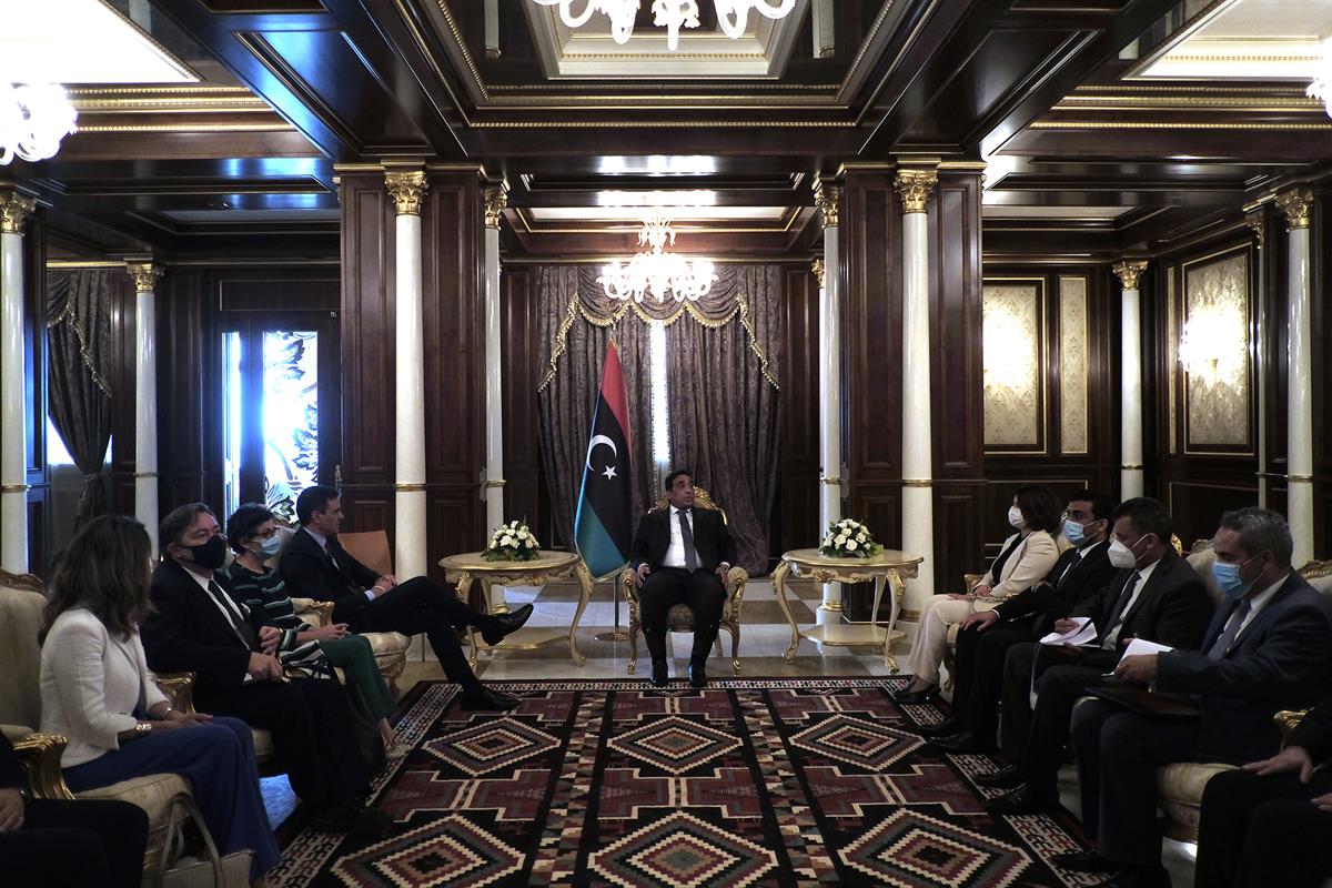 3/06/2021. Viaje de Estado de Pedro Sánchez a Libia. El presidente del Gobierno, Pedro Sánchez, durante la reunión que ha mantenido con el p...