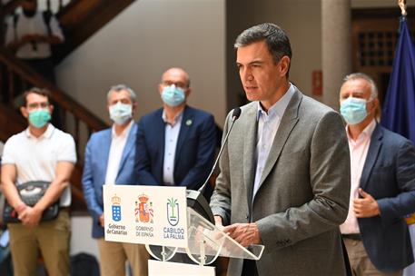 3/10/2021. Pedro Sánchez visita La Palma. El presidente del Gobierno, Pedro Sánchez, durante su comparecencia tras la reunión del Comité Dir...