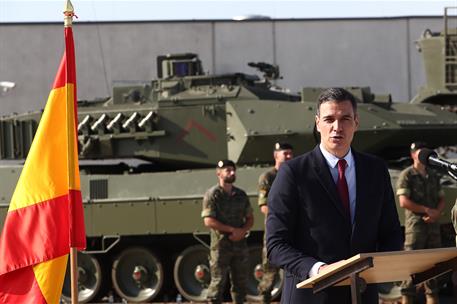 7/07/2021. Viaje del presidente del Gobierno a Letonia. El presidente del Gobierno, Pedro Sánchez, durante su intervención en la base milita...