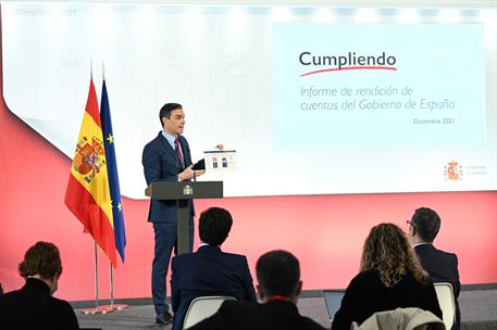 29/12/2021. Sánchez presenta el informe de rendición de cuentas del Gobierno 2021. El presidente del Gobierno, Pedro Sánchez, durante su com...