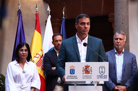 16/08/2022. Pedro Sánchez visita la isla de La Palma. El presidente del Gobierno, Pedro Sánchez, durante su comparecencia ante los medios de...