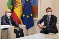 El presidente del Gobierno, Pedro Sánchez, y el presidente de Mauritania, Mohamed Ould Ghazouani, durante su reunión