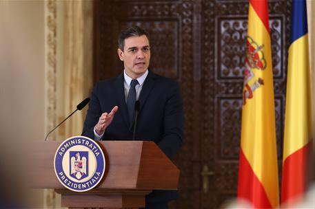17/03/2022. Pedro Sánchez viaja a Rumanía. El presidente del Gobierno, Pedro Sánchez, durante su intervención en la rueda de prensa que ha o...