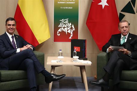 12/07/2023. Pedro Sánchez participa en la Cumbre de la OTAN celebrada en Lituania. El presidente del Gobierno y el presidente de Turquía, Re...