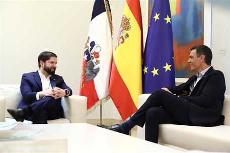 14/07/2023. Pedro Sánchez recibe al presidente de Chile, Gabriel Boric. El presidente del Gobierno, Pedro Sánchez, y el presidente de la Rep...