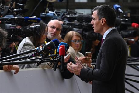 14/12/2023. Pedro Sánchez participa en el Consejo Europeo. El presidente del Gobierno, Pedro Sánchez, realiza unas declaraciones a los medio...