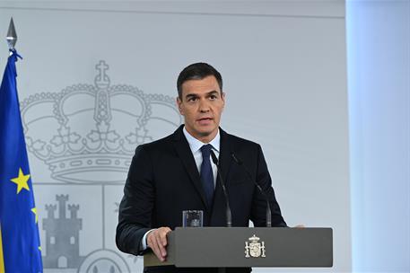 17/10/2023. Declaración institucional del presidente del Gobierno. El presidente del Gobierno en funciones, Pedro Sánchez, durante la declar...