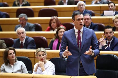 21/02/2023. Sánchez participa en la sesión de control en el Senado. El presidente del Gobierno, Pedro Sánchez, durante su intervención el la...