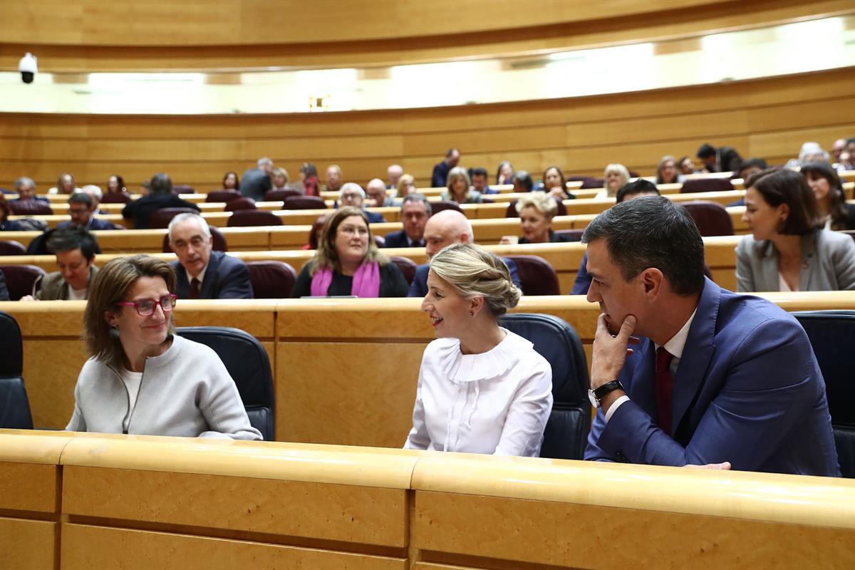21/02/2023. Sánchez participa en la sesión de control en el Senado. El presidente del Gobierno, Pedro Sánchez, junto a las vicepresidentas s...