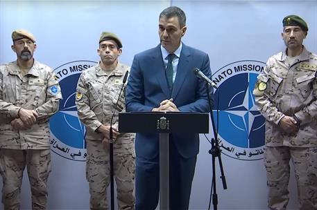 28/12/2023. Pedro Sánchez visita la República de Irak. El presidente del Gobierno, Pedro Sánchez, durante su discurso a los militares españo...