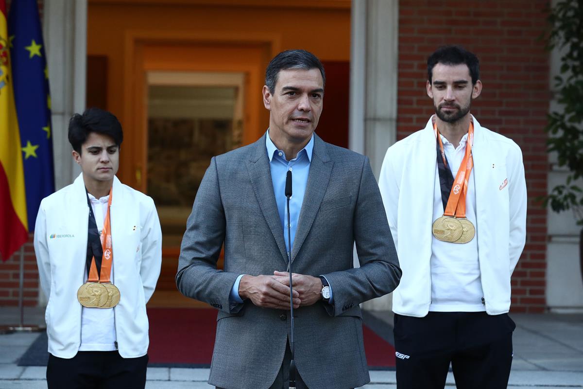29/08/2023. Pedro Sánchez recibe a los campeones del mundo de atletismo en La Moncloa. El presidente del Gobierno durante su intervención en...