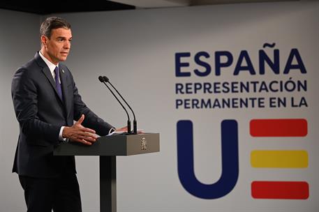 30/06/2023. Pedro Sánchez participa en el Consejo Europeo. El presidente del Gobierno, Pedro Sánchez, durante la rueda de prensa que ha ofre...