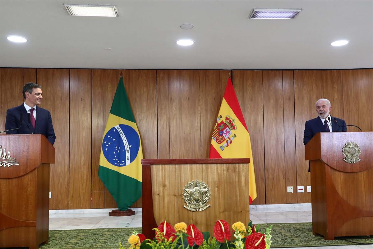 6/03/2024. Viaje oficial del presidente del Gobierno a Brasil. Comparecencia conjunta del presidente del Gobierno, Pedro Sánchez, y el presi...