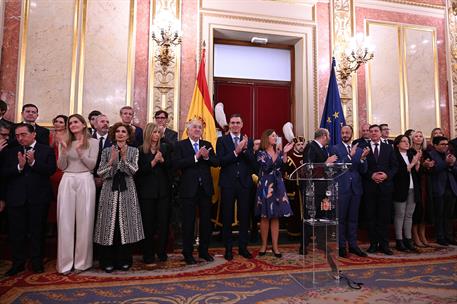 El presidente del Gobierno, Pedro Sánchez, durante el acto celebrado en el Congreso