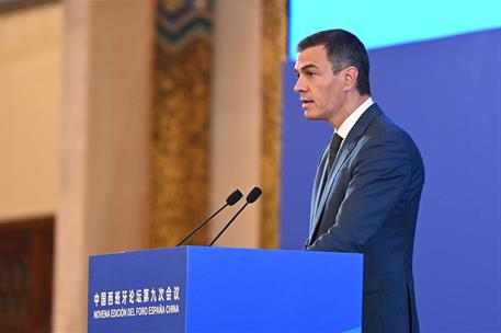 9/09/2024. Pedro Sánchez viaja a China. El presidente del Gobierno, Pedro Sánchez, durante su intervención en la Novena Edición del Foro España China.