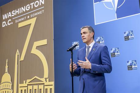 10/07/2024. Pedro Sánchez participa en la cumbre de la OTAN (primera jornada). El presidente del Gobierno, Pedro Sanchez, comparece ante los...