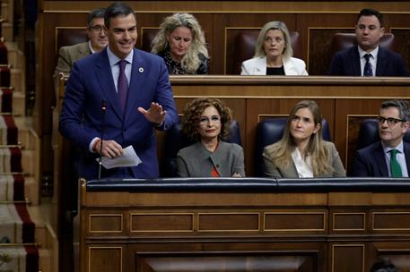 11/12/2024. Pedro S&#225;nchez interviene en la sesi&#243;n de control al Gobierno. El presidente del Gobierno, Pedro S&#225;nchez, junto a las ministras M...