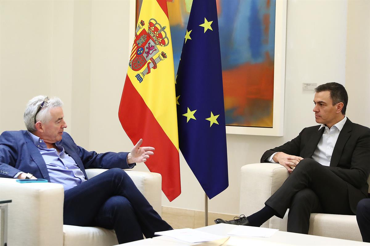 12/01/2024. Encuentro de Pedro Sánchez con el consejero delegado de Ryanair, Michael O´Leary. El presidente del Gobierno, Pedro Sánchez, y e...