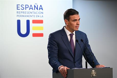 17/10/2024. Pedro S&#225;nchez participa en la sesi&#243;n de trabajo del Consejo Europeo. El presidente del Gobierno, Pedro S&#225;nchez, en su comparecen...