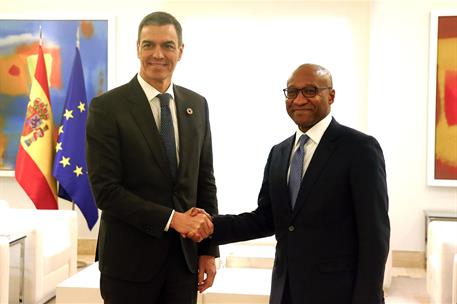 18/12/2024. Pedro Sánchez se reúne con el presidente mundial de PwC, Mohamed Kande. El presidente del Gobierno, Pedro Sánchez, saluda al nue...