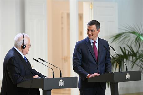 19/09/2024. Sánchez recibe presidente palestina. El presidente del Gobierno, Pedro Sánchez, comparece ante los medios junto al presidente de...