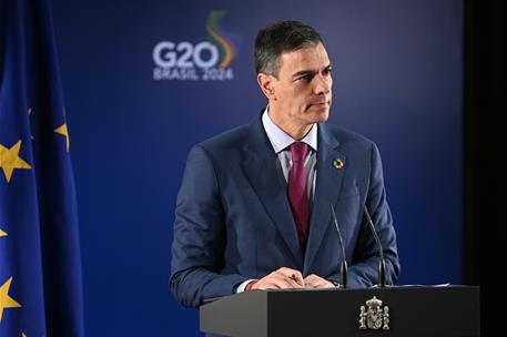 19/11/2024. El presidente del Gobierno asiste a la Cumbre del G20. El presidente del Gobierno, Pedro S&#225;nchez, comparece tras la Cumbre del G20.