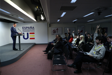 19/12/2024. Pedro S&#225;nchez participa en la reuni&#243;n del Consejo Europeo. El presidente del Gobierno, Pedro S&#225;nchez, responde a las preguntas d...