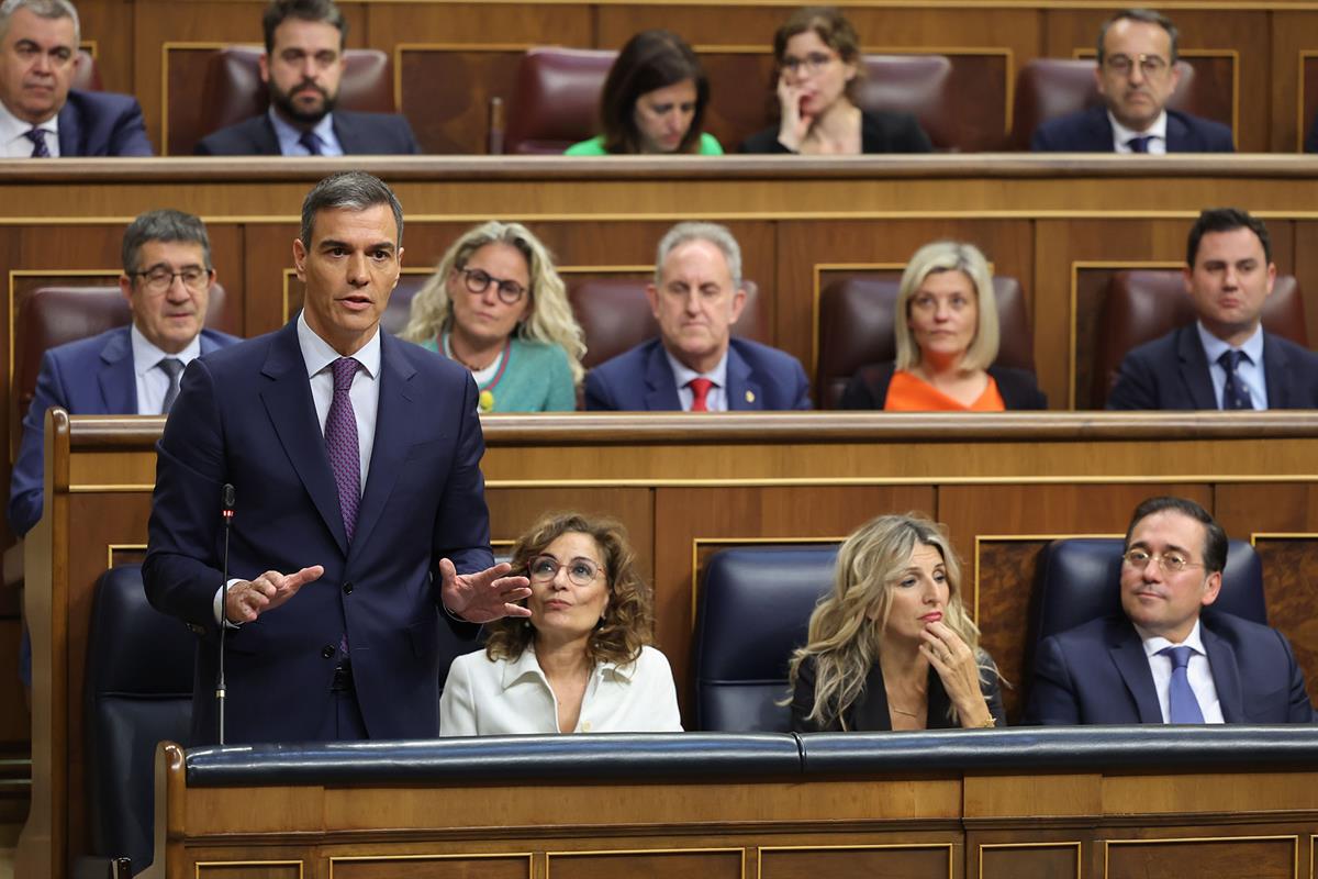 22/05/2024. Control session in the Lower House of Parliament. The President of the Government of Spain, Pedro Sánchez, during one of his int...