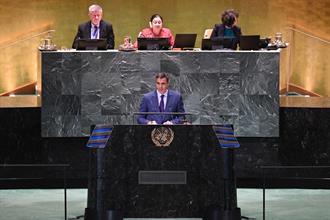 El presidente del Gobierno, Pedro Sánchez, interviene en la sesión plenaria de la Cumbre del Futuro