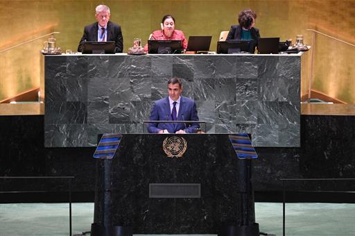 El presidente del Gobierno, Pedro Sánchez, interviene en la sesión plenaria de la Cumbre del Futuro