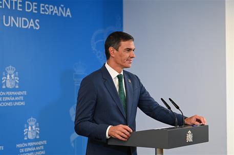 25/09/2024. Pedro Sánchez comparece ante los medios de comunicación, en la sede de la Representación Permanente de España ante Naciones Unidas