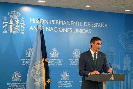 25/09/2024. Pedro Sánchez comparece ante los medios de comunicación, en la sede de la Representación Permanente de España ante Naciones Unidas