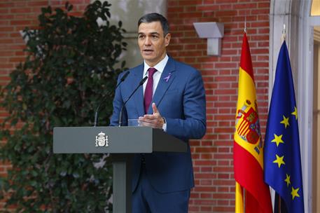 El presidente del Gobierno del Gobierno, Pedro Sánchez, durante su declaración institucional