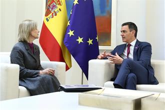 Pedro Sánchez y María José Pelayo durante la reunión que han mantenido