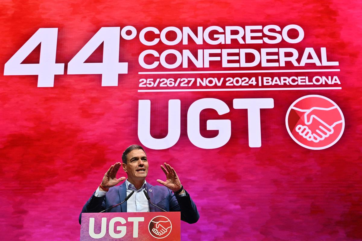 26/11/2024. Pedro Sánchez interviene en el 44º Congreso Confederal de UGT. El presidente del Gobierno, Pedro Sánchez, durante su intervenció...