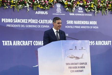 28/10/2024. El presidente del Gobierno viaja a la Rep&#250;blica de India. El presidente del Gobierno, Pedro S&#225;nchez, durante su intervenci&#243;n en ...