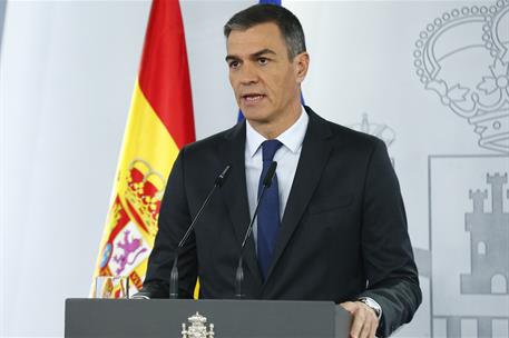 El presidente del Gobierno, Pedro Sánchez, durante la declaración institucional